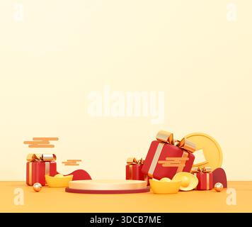 Scène festive Lunar New Year 3D pour l'affichage du produit avec des lingots d'or, des pièces de monnaie et des cadeaux sur un fond propre. Idéal pour le marketing des fêtes. Banque D'Images