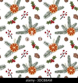 Motif festif sans couture avec tranches d'orange séchées, branches de pin, feuilles de houx et baies rouges. Parfait pour l'emballage de Noël, emballage de vacances Illustration de Vecteur