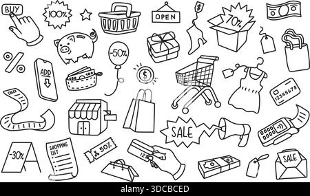 Shopping griodle. Portefeuille, carte et boîte-cadeau, panier et tirelire pour le commerce électronique en ligne, le marketing et la vente de Noël ou le commerce de détail. Dessiné à la main Illustration de Vecteur