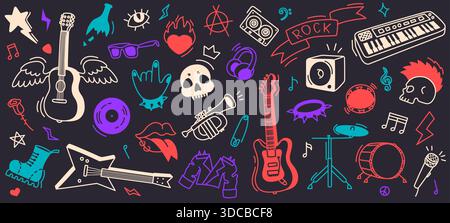 Musique rock doodle. Guitare, crâne et symbole d'anarchie pour affiche de groupe punk, merch de concert et flyer de festival rétro. Jeu vectoriel dessiné à la main microphone et Illustration de Vecteur