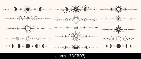 Séparateurs célestes avec phases de lune et soleil pour bannière mystique, invitation de mariage ou tatouage bohème. Ornements cosmiques et frontières pour l'astrologie Illustration de Vecteur