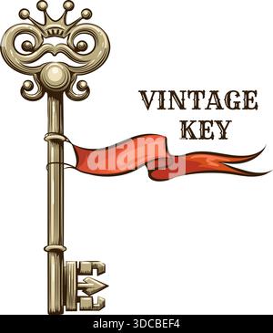 Emblème de gravure de clé avec couronne Illustration de Vecteur