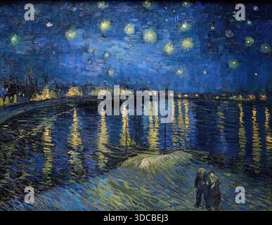 Vincent van Gogh nuit étoilée sur le Rhne 1888 peinture à l'huile représentant des reflets chatoyants, des étoiles lumineuses et un calme nocturne poétique. Illustration de Vecteur