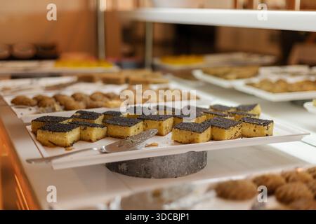 Les friandises sucrées sont soigneusement organisées sur une table blanche dans une boulangerie. Il y a des carrés de gâteau surmontés de graines de pavot et d'autres produits de boulangerie dans le backgro Banque D'Images