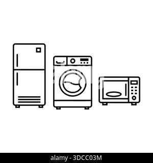 Jeu d'icônes de ligne d'appareils ménagers. Réfrigérateur, lave-linge et four à micro-ondes. Illustration de Vecteur