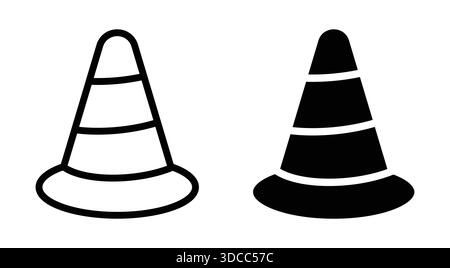 Cette image présente un ensemble d'icônes de cône de construction noir et blanc, parfait pour les projets de conception liés à la sécurité, aux infrastructures urbaines et au transport Illustration de Vecteur