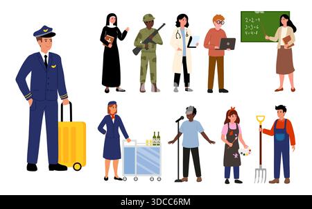 Illustrations de style dessin animé, diverses professions dans des combinaisons avec des outils de travail emblématiques. Salopettes professions en uniforme. Illustration de Vecteur