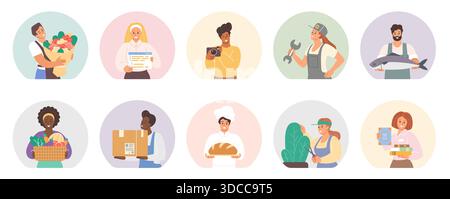 Groupe de personnes offrant différents services et produits, y compris la nourriture, la livraison, la réparation, la photographie, et jardinage, isolé sur fond blanc illustration vectorielle Illustration de Vecteur