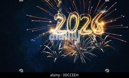 Bonne année 2026 feux d'artifice sur Night Sky Universe en bleu. Nouvel an 2026, réveillon du nouvel an, carte de voeux de célébration, carte de nouvel an long - Golden Yea Banque D'Images