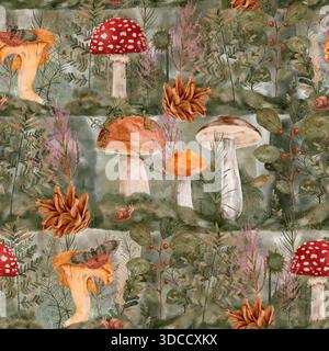 Aquarelle plancher de forêt avec des champignons, amanita et boletus parmi la mousse et les fougères, pommes de pin dispersées et herbes, palette muette automnale, motif botanique peint à la main pour la conception de surface textile motif aquarelle dessiné à la main. Banque D'Images