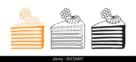 Morceau de morceau de gâteau au miel symbole ensemble de dessin animé. Tarte au miel de boulangerie douce des fêtes avec icône de doodle linéaire en nid d'abeilles. Gâteau abstrait enfantin dessiné à la main simple signe graphique stylisé. Illustration vectorielle pour enfants Illustration de Vecteur