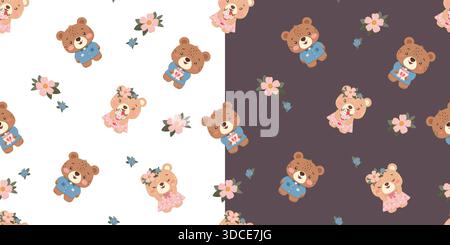 Ours en peluche mignons avec fleurs ensemble de motifs sans couture Illustration de Vecteur