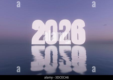 L'année 2026 brille brillamment au-dessus d'un plan d'eau calme et réfléchissant. La scène est placée contre un ciel crépusculaire violet et étoilé, véhiculant tranquille Banque D'Images