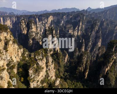 Vue aérienne d'imposants piliers de grès recouverts de feuillage émeraude s'élever de la terre, perçant le ciel dans le parc forestier national de Zhangjiajie, Zhangj Banque D'Images