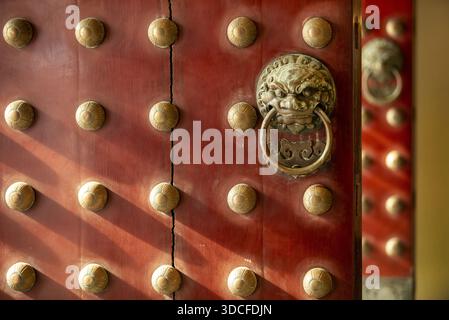 [Singapour], [Singapour] - 12 mai 2024 : vue de la porte rouge éclatante avec des clous dorés ornés et un frappeur à tête de lion étincelant, évoquant son sens Banque D'Images