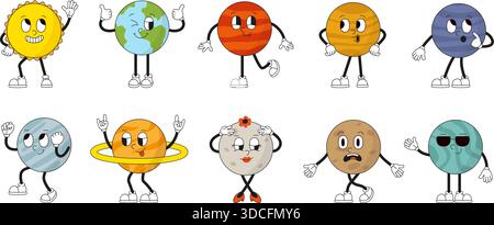 Personnages Groovy Planet. Planètes du système solaire vintage avec des visages drôles. Positif terre, soleil, vénus, saturne, pluto, mars. Vecteur néotérique isolé Illustration de Vecteur