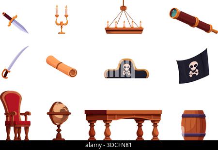 Mobilier de bateau pirate. Table et chaise en bois, globe antique, drapeau et chapeau de pirates. Baril pour rhum, bougies, couteau et sabre. Vintage aventures sapid Illustration de Vecteur