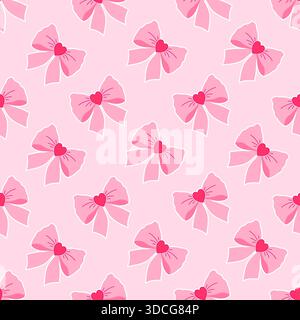 Modèle vectoriel sans couture avec des arcs roses répétés avec des coeurs rouges au centre sur un fond rose clair solide. Illustration de Vecteur