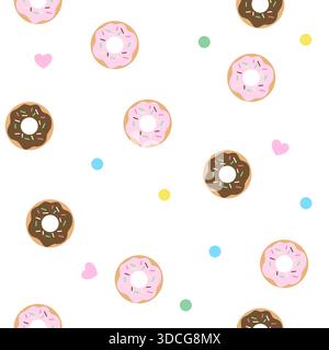 Délicieux motif sans couture avec chocolat mignon et beignets glacés roses avec des étoiles pastel, des coeurs et des points. Idéal pour tissu, papier peint, emballage Illustration de Vecteur