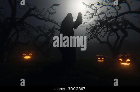 Sombre et étrange scène d'Halloween avec une figure fantomatique debout parmi des jack-o'-lanternes incandescentes dans une forêt brumeuse sous le clair de lune, créant un et effrayant Banque D'Images