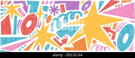 Formes abstraites funky dessinées à la main pour enfants avec texture crayon. Figures géométriques colorées, étoiles, squiggles, flèche. Autocollants ludiques de doodle, passé enfantin Illustration de Vecteur