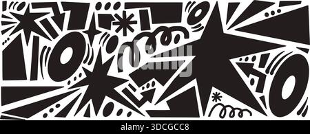 Silhouettes papier découpes étoiles, figures géométriques. Collage de papier simple noir ludique avec des étincelles, des flèches, des squiggles et des griffonnages. Vector han Illustration de Vecteur