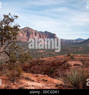 Vue aérienne des majestueuses formations rocheuses rouges contrastant avec la vaste vallée verte sous un vaste ciel bleu, Sedona, Arizona, États-Unis. Banque D'Images