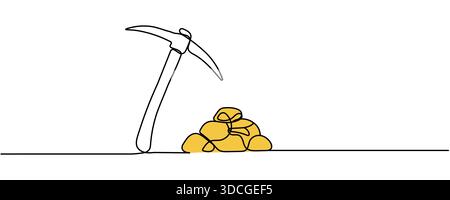 Pioche de mineur de dessin de ligne continue et or. Contour modifiable. Illustration de Vecteur