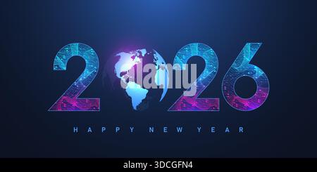 Modèle d'affiche de Noël 2026 dans le style de la texture de la carte de circuit imprimé de technologie électronique de nouveaux chiffres. Bannière ou en-tête numérique Tech 2026 nouvel an Illustration de Vecteur