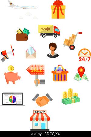 Illustration vectorielle dans le style plat différentes icônes sur le thème des achats en ligne de vente au détail, livraison de marchandises, telles que mégaphone, boutique, technologie Illustration de Vecteur