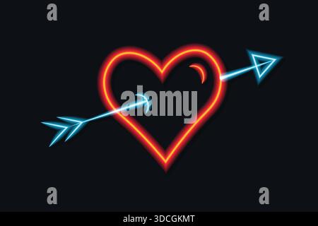 Cœur néon avec flèche de Cupidon signe lumineux sur fond sombre pour la Saint-Valentin. Illustration de Vecteur