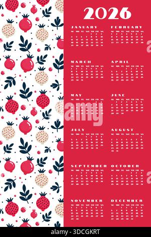 Calendrier vertical 2026 année Planner Pomegranate fruit Pattern Design. Illustration de Vecteur