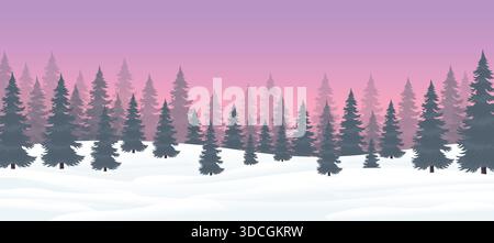 Forest Trees Silhouette paysage Rose Purple Sky horizontal fond Design. Illustration de Vecteur