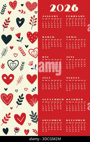 Calendrier vertical 2026 année Planner Hearts Pattern Love Theme. Illustration de Vecteur