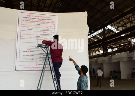 Mumbai, Inde. 22 décembre 2025. MUMBAI, INDE - 22 DÉCEMBRE : les travailleurs préparent des tentes électorales dans les locaux de la société Richardson et Cruddas à Byculla pour les prochains sondages BMC le 22 décembre 2025 à Mumbai, en Inde. Les élections de la Brihanmumbai Municipal Corporation (BMC) sont prévues pour le 15 janvier 2026. (Photo de Bhushan Koyande/Hindustan Times/Sipa USA) crédit : Sipa USA/Alamy Live News Banque D'Images