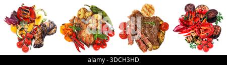Ensemble de légumes grillés et de viande isolé sur blanc, vue de dessus Banque D'Images