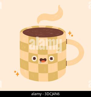 Tasse à carreaux sarcelle mignonne avec les yeux et la bouche drôles, thé ou café, nuage de vapeur au-dessus, vecteur de doodle dessiné à la main doux avec des couleurs douces et douces pour les enfants Illustration de Vecteur