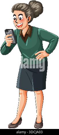 Femme d'affaires de dessin animé en pull vert lisant joyeusement le message de smartphone, fond blanc isolé pleine longueur Illustration de Vecteur