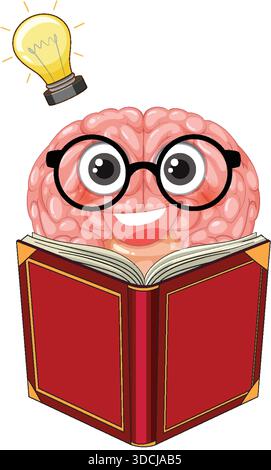 Le cerveau de dessin animé souriant avec des lunettes lit le livre, ampoule au-dessus, couleurs vives, fond blanc Illustration de Vecteur