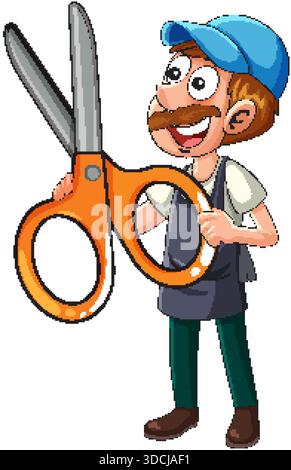 Barbier de dessin animé souriant dans le tablier et le chapeau tenant de grands ciseaux orange, fond blanc, style vectoriel Illustration de Vecteur