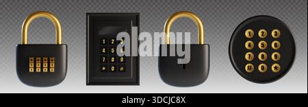 Serrure à combinaison avec cadenas noirs et chiffres dorés sur bg transparent. Serrures de sécurité 3D réalistes avec cadrans de code numérique, conception de trou de serrure et panneau de code d'accès circulaire pour le concept de protection Illustration de Vecteur