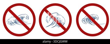 Ensemble vectoriel de signes interdits avec des vagues. Risque d'ondes élevées. Nager avec les vagues est interdit. Illustration de Vecteur
