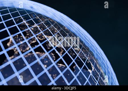 La Terre la nuit avec des lumières lumineuses de la ville et une grille numérique bleue lignes la superposition de lumière, symbolisant la technologie mondiale, les réseaux de communication, la connectivité IT Banque D'Images