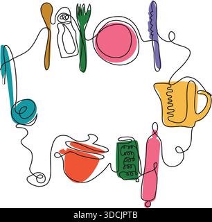 Design créatif de bordure d'outil de cuisine dans un style artistique en ligne continue Illustration de Vecteur