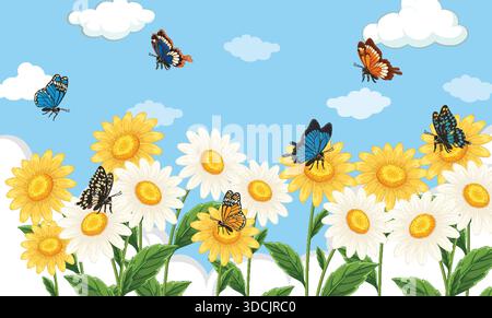 Les papillons colorés flottent au-dessus des marguerites en fleurs et des tournesols sous un ciel bleu vif avec des nuages dans une illustration vectorielle joyeuse Illustration de Vecteur