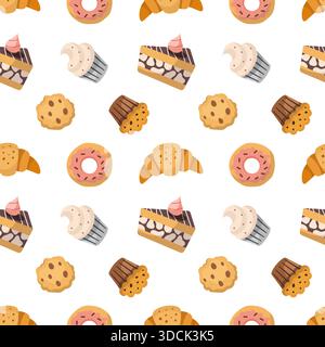 Gâteaux de dessin animé, pâtisseries sans couture motif. Collection vectorielle. Texture des éléments de boulangerie. Desserts sucrés de confiserie avec biscuit de croissant de beignet de gâteau, muffin de cupcake boulangerie. Illustration de Vecteur