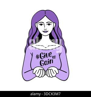 Fille de dessin animé avec ses mains tendues à la caméra donne le concept de cadeau. Donnez pour gagner campagne de vacances de la journée internationale des femmes. Style doodle vectoriel Illustration de Vecteur