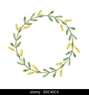 Un cadre rond de branches vertes avec des feuilles et des pointes jaunes d'herbe sèche sur un fond isolé. Illustration aquarelle d'une couronne de mince Banque D'Images