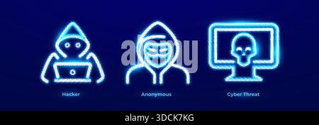 Pirate attaque violation de données Malware Ransomware Dark Web Icons Set. Masque anonyme protection de la vie privée résistance protestation opération Neon logo. Risque de cybermenace Illustration de Vecteur