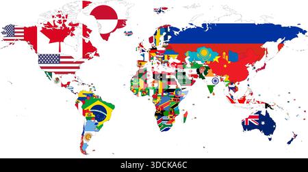 Carte politique colorée du monde. Chaque pays rempli de son drapeau. Drapeaux de petits états ajoutés. Illustration vectorielle. Illustration de Vecteur